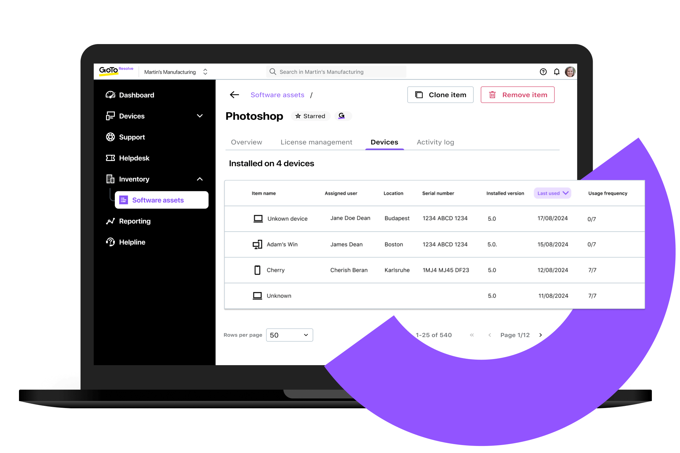 Affichage de l'interface d'utilisation des logiciels de GoTo Resolve montrant Photoshop installé sur 4 appareils avec une liste des détails de l'appareil.