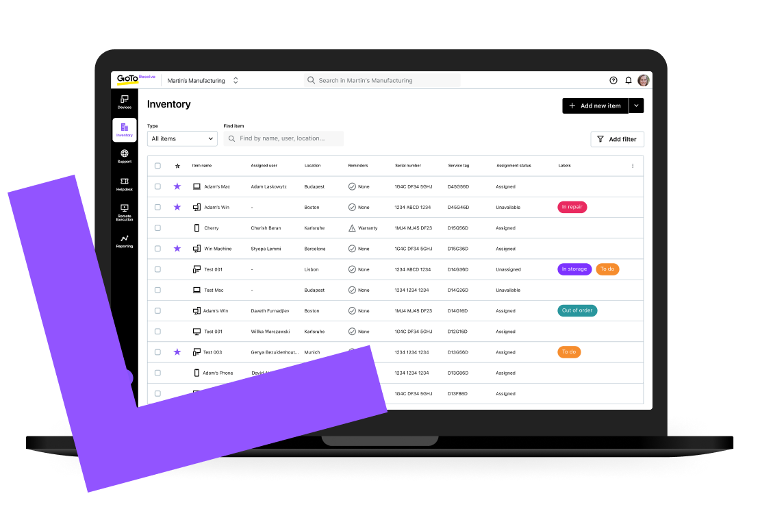 Esempi di opzioni di controllo dei dispositivi con GoTo Resolve.