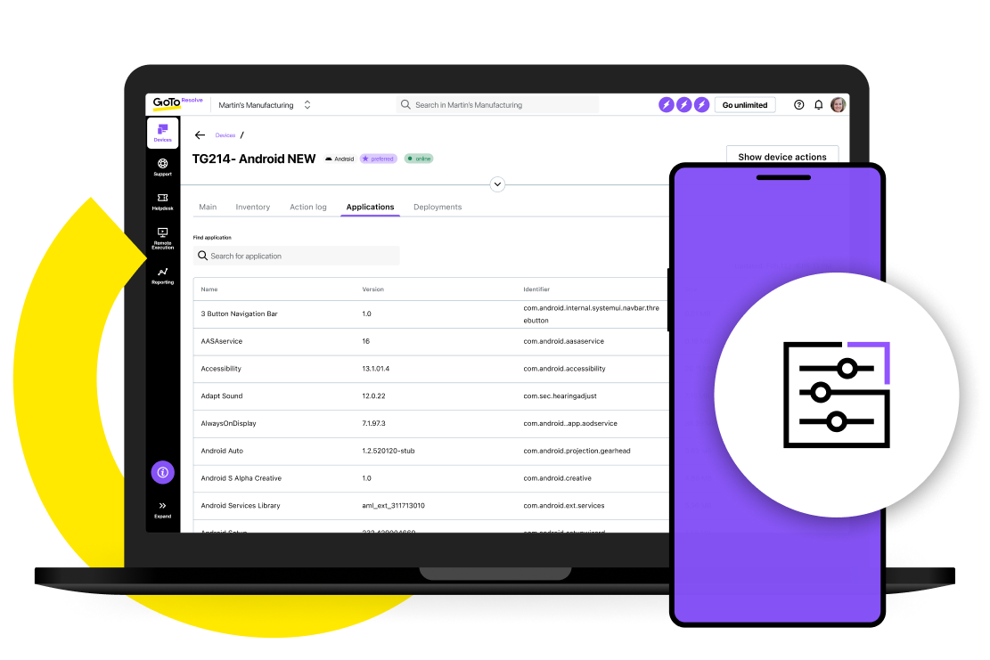 Screen view GoTo Resolve’s device app management features.