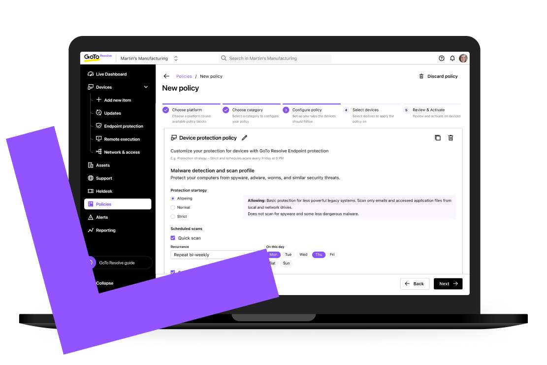 Schermweergave van GoTo Resolve’s functies voor automatisering van apparaten en apparaatbeleid.