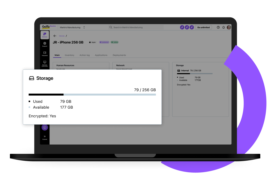 Écran de la vue d’ensemble des « Appareils » de GoTo Resolve affichant les données de stockage de l’appareil.