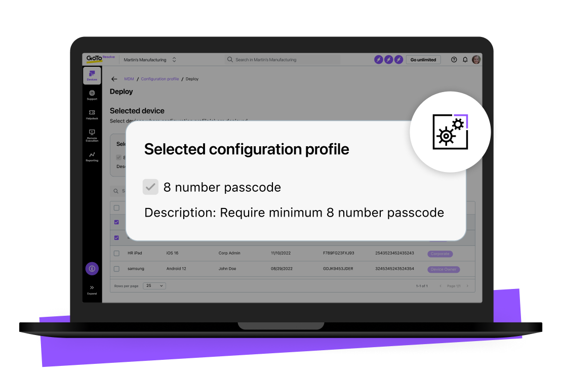 Screen view of GoTo Resolve’s configuration profile settings for devices.