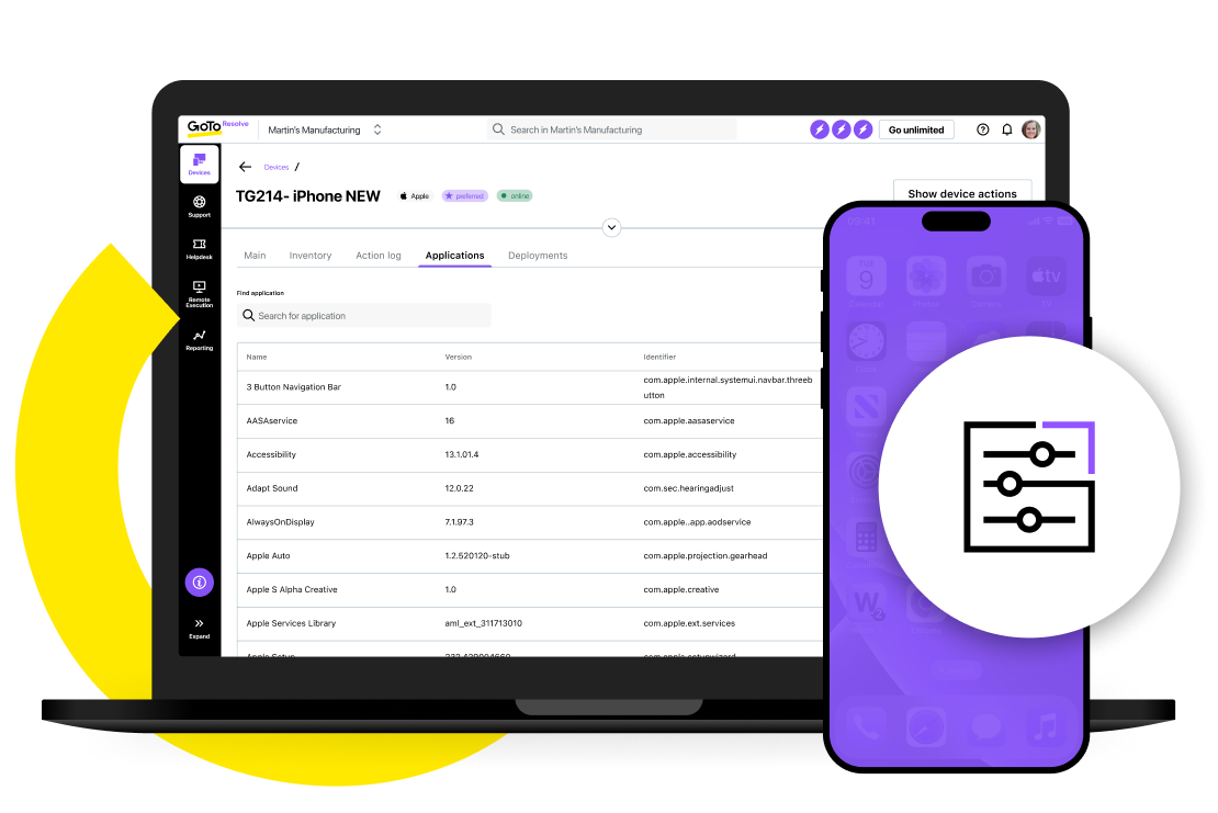 Écran affichant les fonctionnalités de gestion des applications des appareils GoTo Resolve.