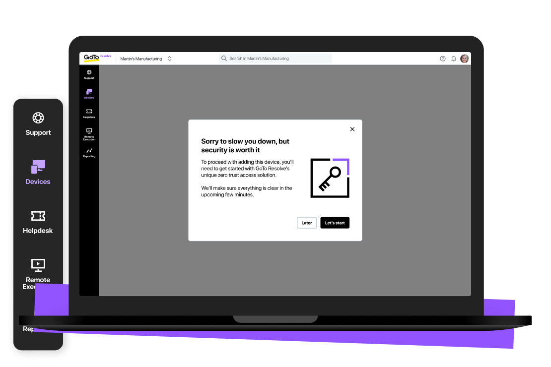 Agent demandant sa clé d’accès sécurisée dans GoTo Resolve.