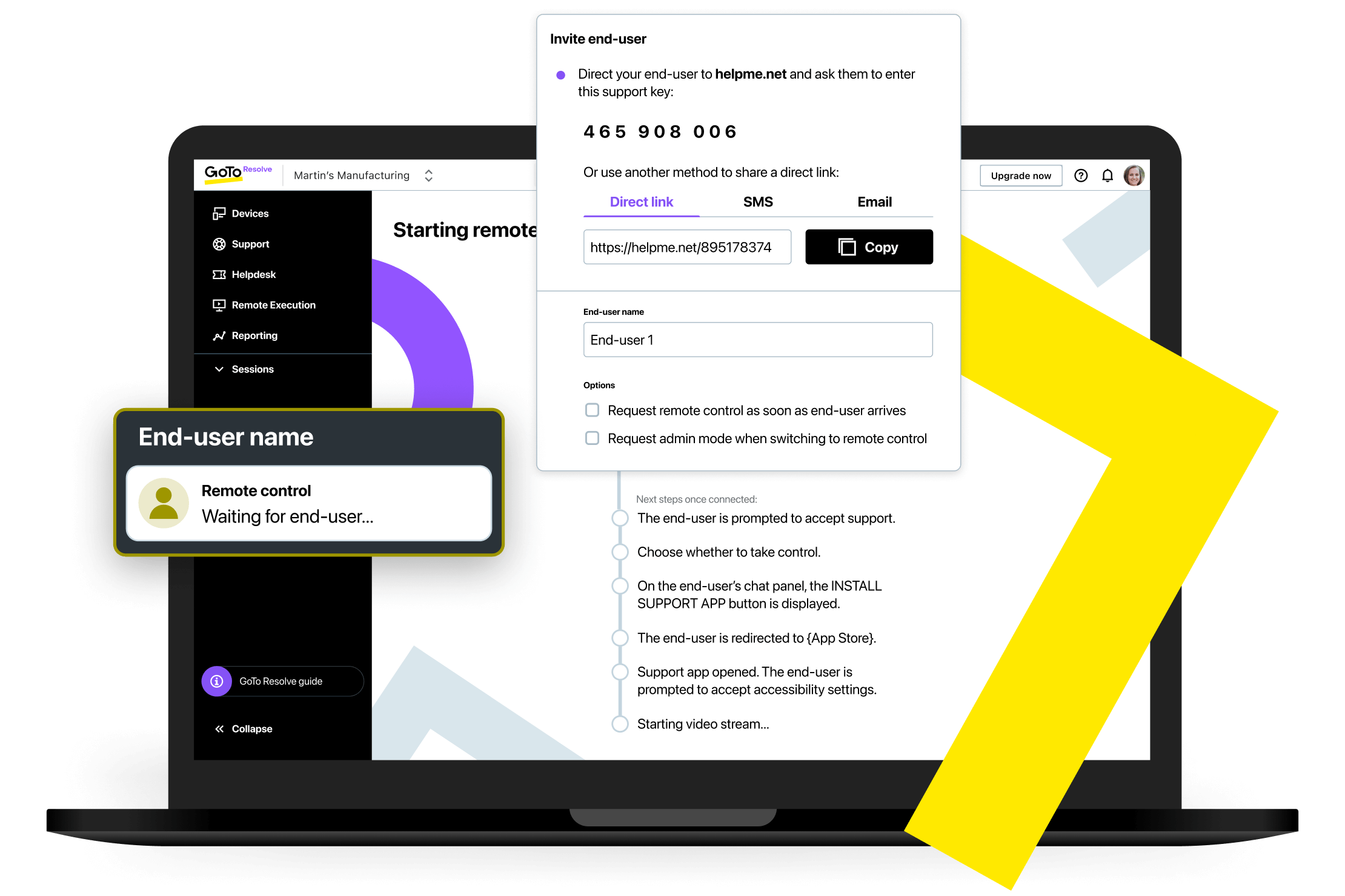 Interface do GoTo Resolve exibindo opções para convidar um usuário final a inserir uma chave de suporte, com link direto ou por SMS para receber suporte remoto ad hoc.
