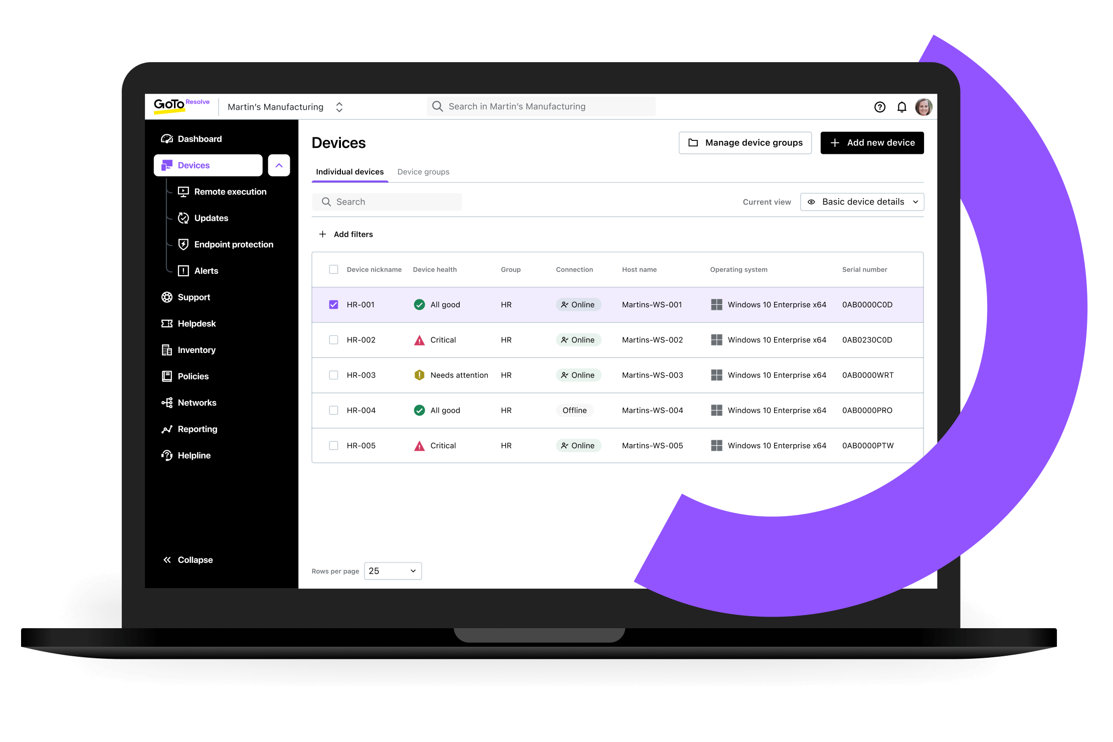 De interface van GoTo Resolve toont een dashboard voor apparaatbeheer, met de mogelijkheid om eindgebruikers te ondersteunen zonder dat ze aanwezig zijn, met details over de gezondheid van het apparaat, de verbinding en het besturingssysteem.