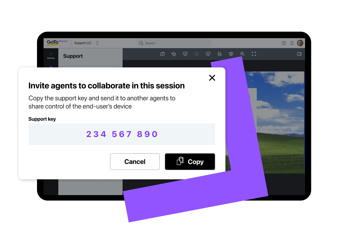 Tela do recurso de colaboração de vários agentes do software de suporte remoto do GoTo Resolve.