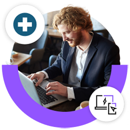 Een professional die LogMeIn Rescue gebruikt om apparaten op afstand te ondersteunen en het logopictogram van Rescue.