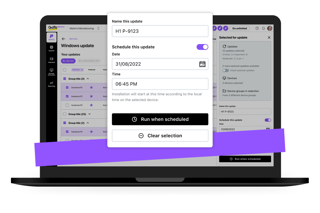Gestion des correctifs pour l’outil RMM de GoTo Resolve sur un écran d’ordinateur portable.