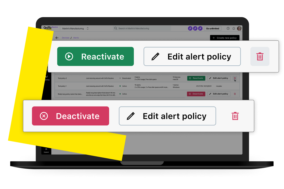 Alerts about computer health from GoTo Resolve’s Remote monitoring software on a laptop screen.