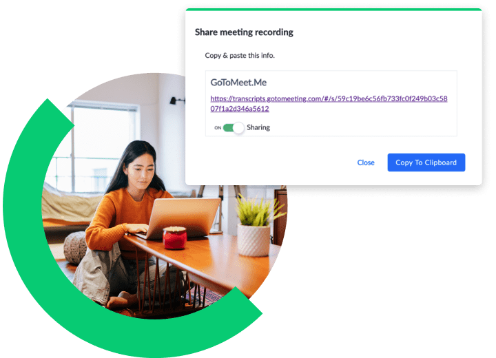Woman on a laptop sharing her meeting recording.