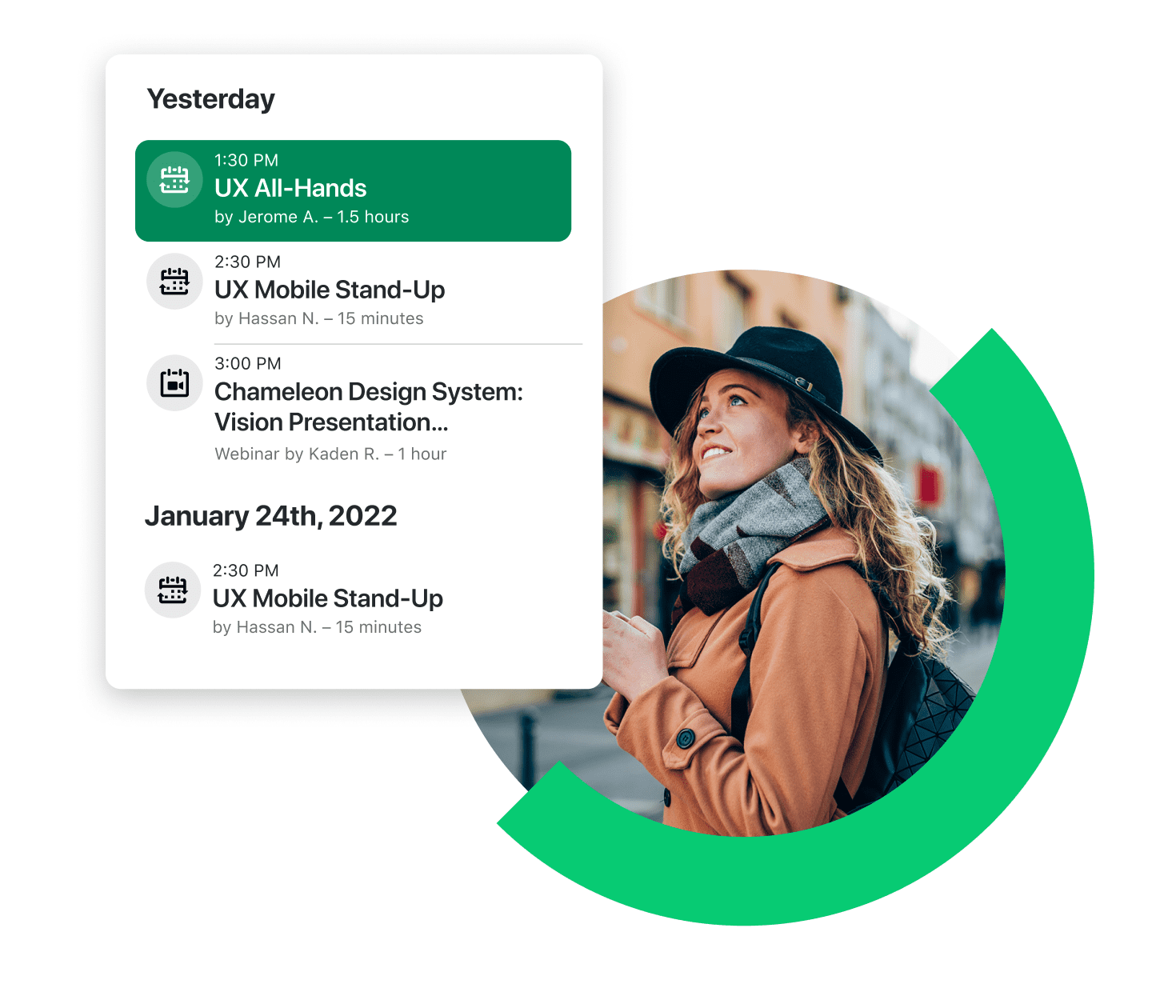 Woman on-the-go referencing recorded meeting notes.