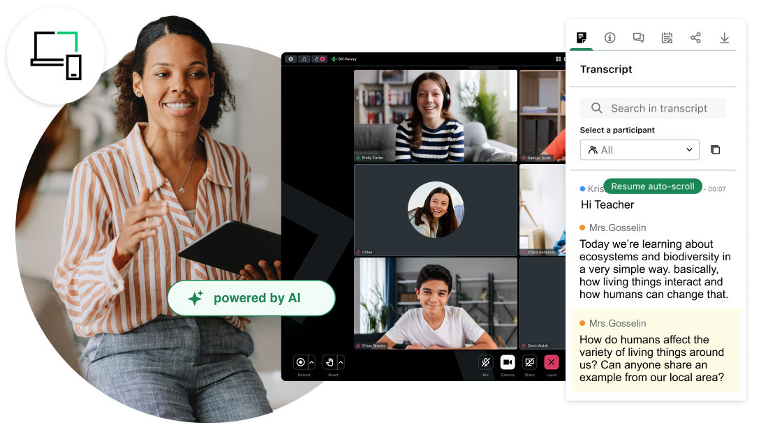 GoTo Connect for Education platform showing a teacher leading a virtual classroom with students, featuring interactive transcript and AI-powered learning tools.