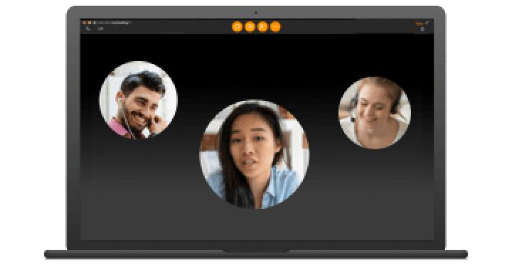 Immagine con il logo del prodotto join.me. Sotto, i membri di un team utilizzano join.me per una riunione.