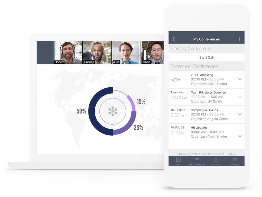 Una videoconferenza di gruppo su OpenVoice per desktop e dispositivi mobili e una schermata che mostra conferenze programmate su OpenVoice per cellulare.
