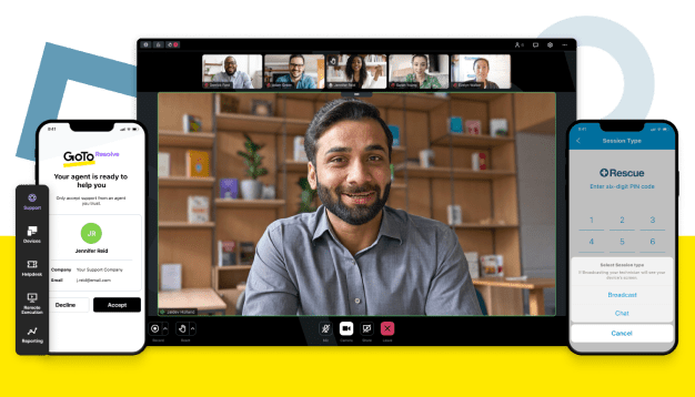 Disposición de un teléfono de escritorio, interfaz de reunión de un equipo y teléfono móvil que muestran las distintas formas de usar GoTo Connect, GoTo Resolve y Rescue en una variedad de dispositivos y ubicaciones.