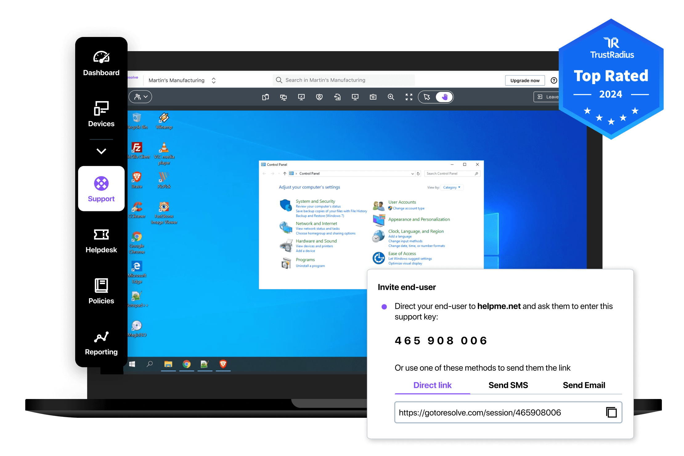 Screenshot van de functiepagina voor ondersteuning op afstand van GoTo Resolve, met de onderscheiding TrustRadius Top Rated 2024.