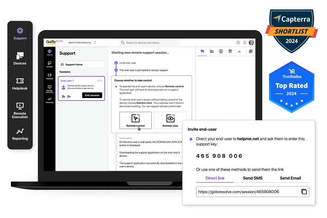 Award winning GoTo Resolve multi-channel platform dashboard and support tools.