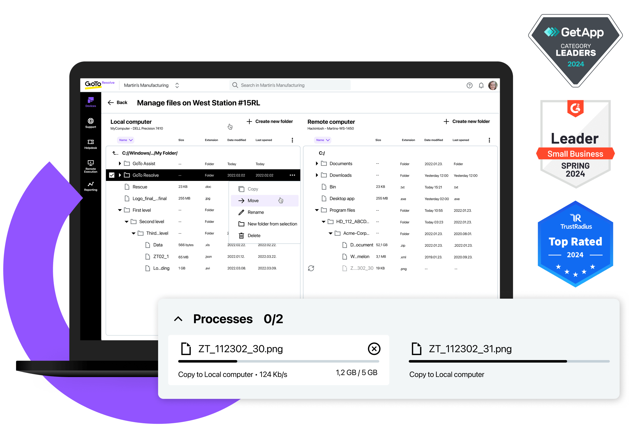 Screenshot of GoTo Resolve's remote access feature page, highlighting prestigious awards: GetApp Category Leaders 2024, G2 Leader for Small Business Spring 2024, and TrustRadius Top Rated 2024 badges.