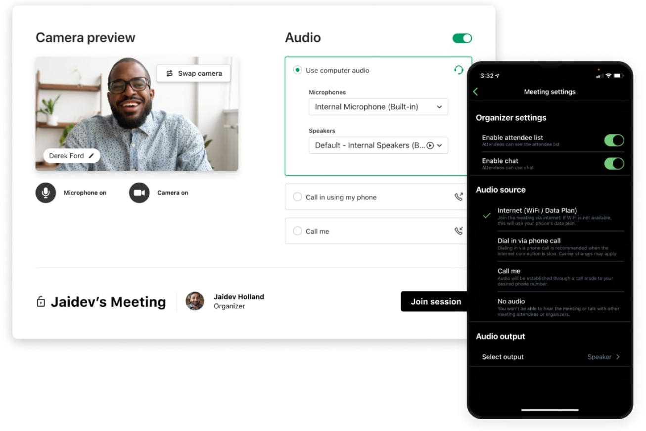 Schermweergave met inbelopties, inclusief video en audio voor GoTo’s desktop- en mobiele apps.