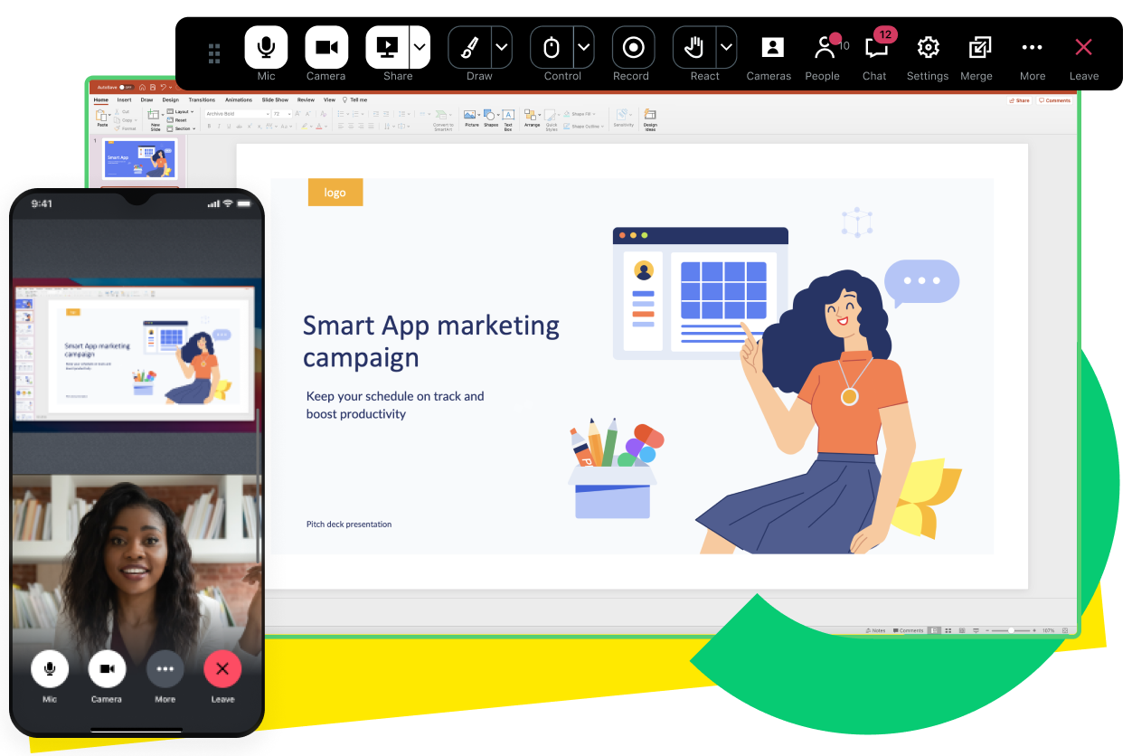 Screen che mostrano una conference call con condivisione schermo su desktop e telefoni mobili.