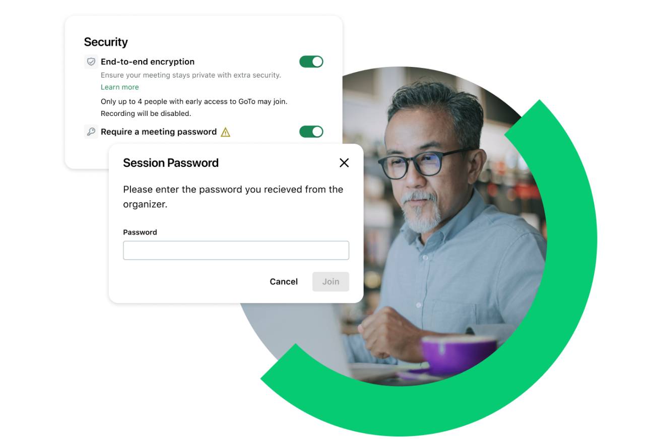 Man at a computer reviewing security options for his GoTo conference call, including end-to-end encryption and meeting passwords.