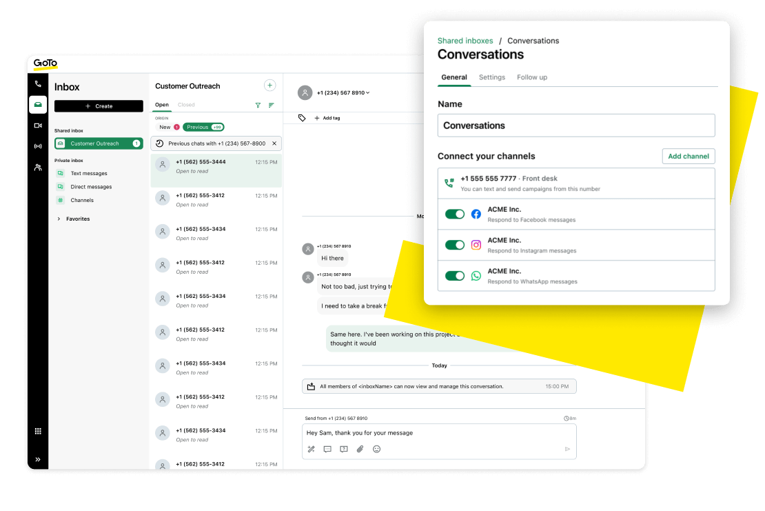 Un’interfaccia di chat che mostra un’interazione efficace tra il proprietario di un’azienda e un cliente attraverso un moderno sistema telefonico basato sul cloud su più canali.