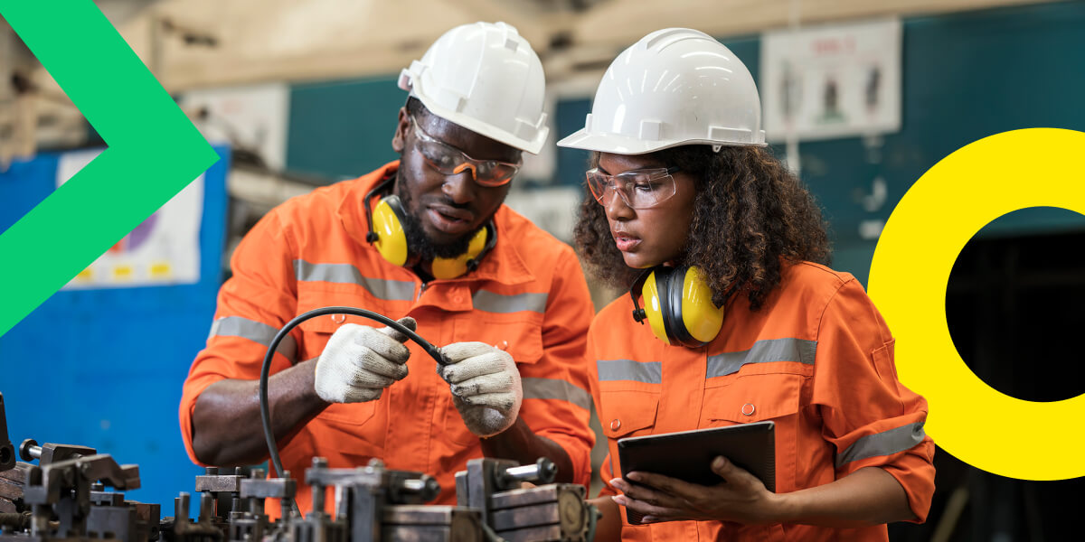 Two engineers are communicating with their production manager using GoTo Connect.