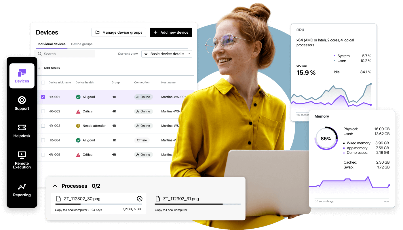 LogMeIn interface displaying device management dashboard with CPU and memory usage statistics, and unified tools for managing IT support.