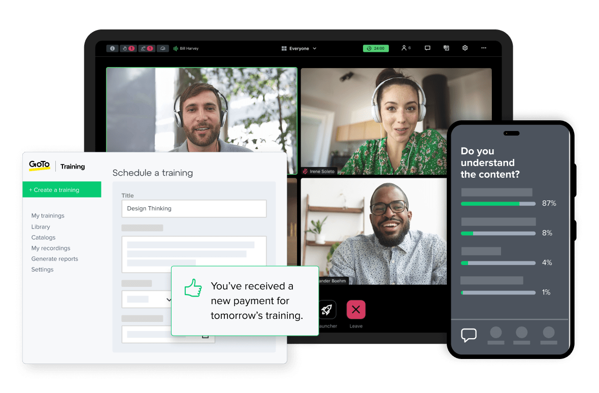 Écran qui montre des participants sur la plateforme GoTo Training et son interface
