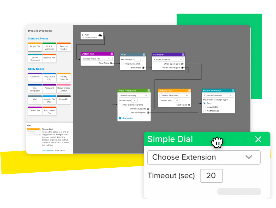 Collage showing the drag and drop interface for the visual call plan editor, including options for waiting, voicemail, auto attendants, scheduling, and simple dial.