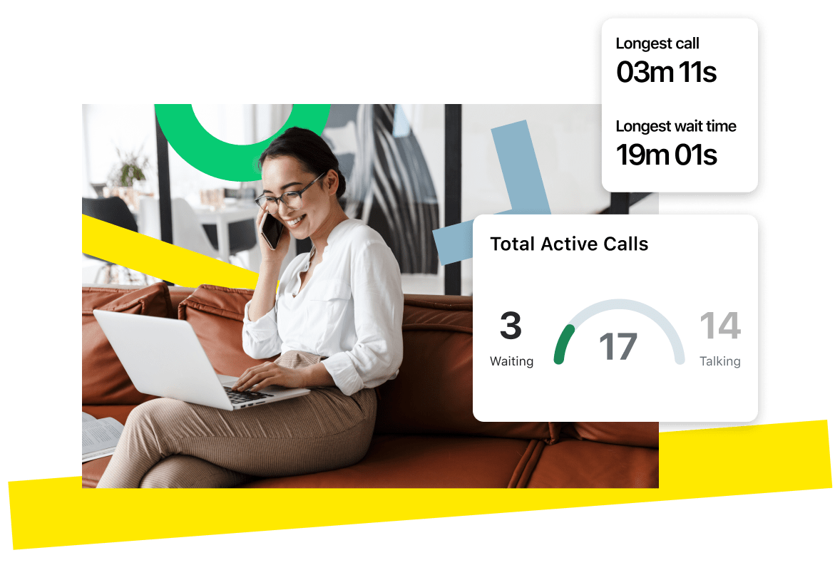 Una donna si diverte al telefono mentre mostra come GoTo Connect può monitorare le chiamate attive e la durata media delle chiamate.