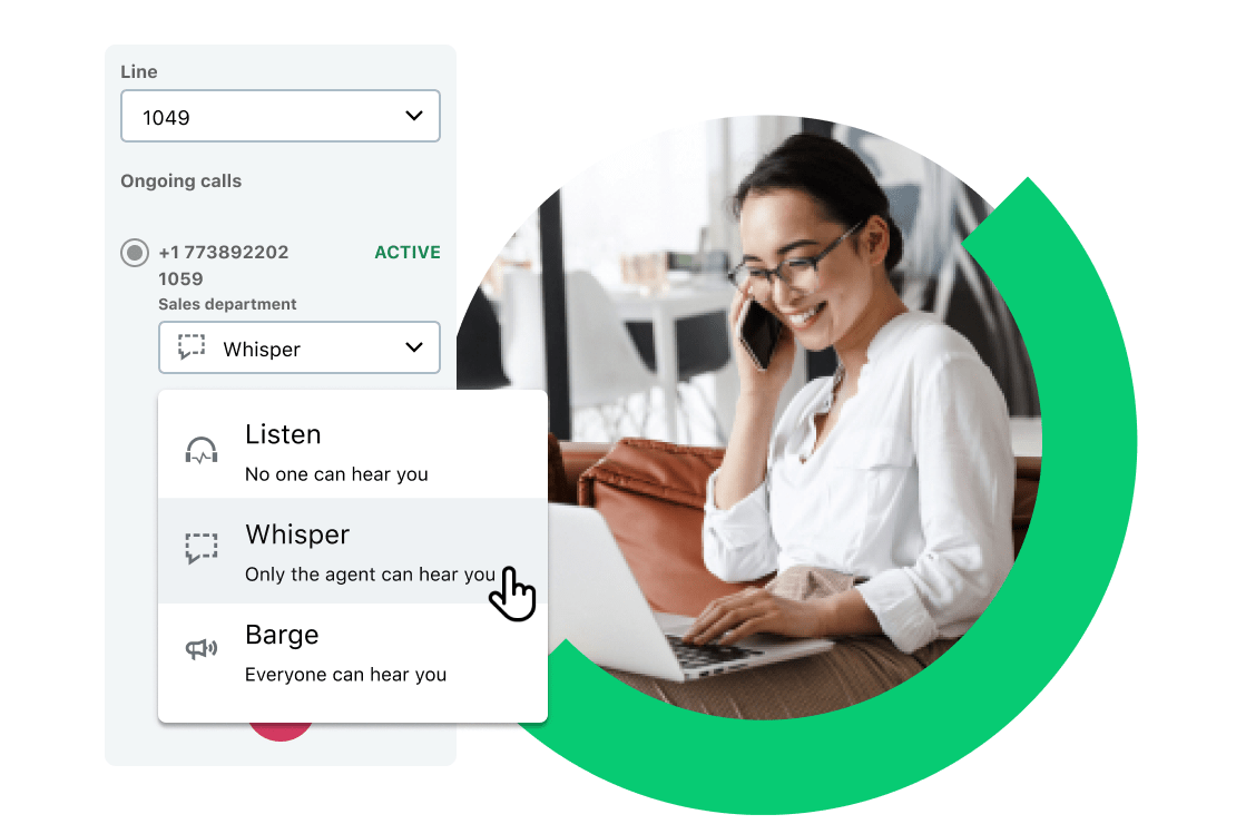 A woman smiling on her phone while listening in on a call, selecting the option to send a whisper to an agent.