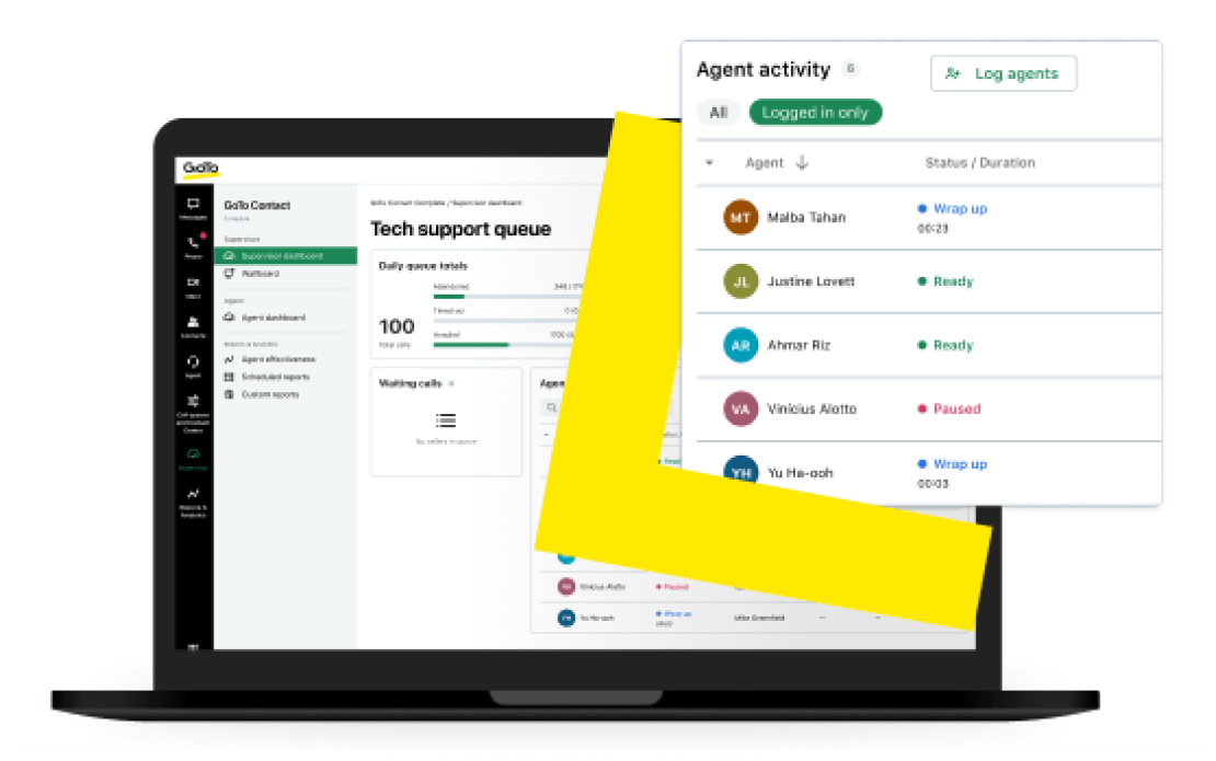 Une file d’attente d’assistance technique s’affiche à côté d’un tableau répertoriant l’activité de tous les agents sur un écran d’ordinateur portable.