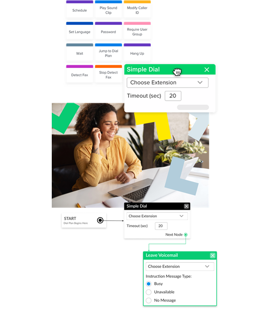 Interfaz que muestra el editor del plan de marcación fácil de usar con funcionalidad de arrastrar y colocar.