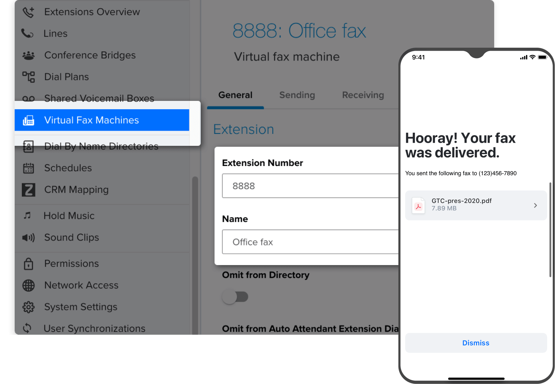 Pantalla de confirmación del envío de fax en GoTo Connect, desde un smartphone.