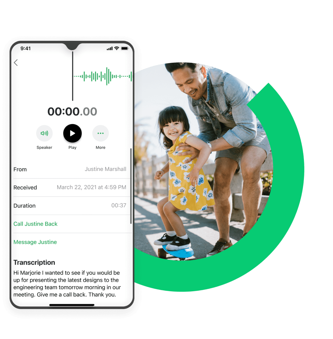Collage d'une messagerie vocale GoTo Connect avec transcription audio et d'un père qui apprend à sa fille à faire du skateboard.