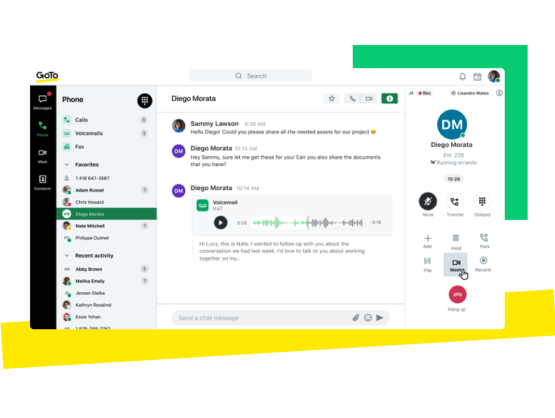 Schermata della dashboard di GoTo, con messaggi, chiamate telefoniche e video e anche la gestione dei contatti.