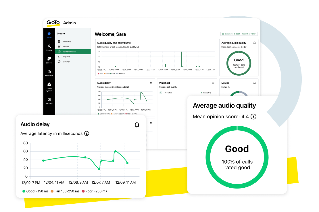 Screens showing the Admin panel for GoTo Connect, including tracking audio quality and audio delays.