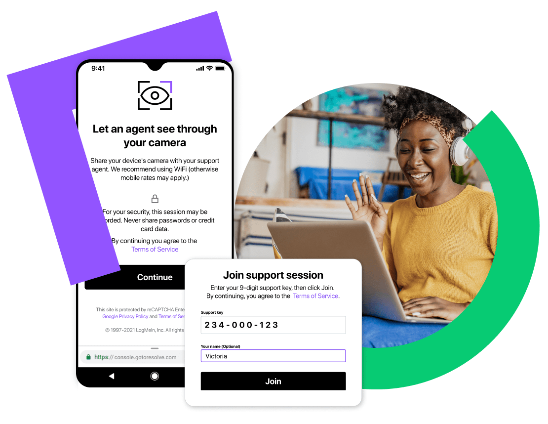 Collage représentant une session d’assistance technique mobile en cours, avec des options de sécurité permettant à l’agent d’assistance d’accéder à la caméra du téléphone du client.