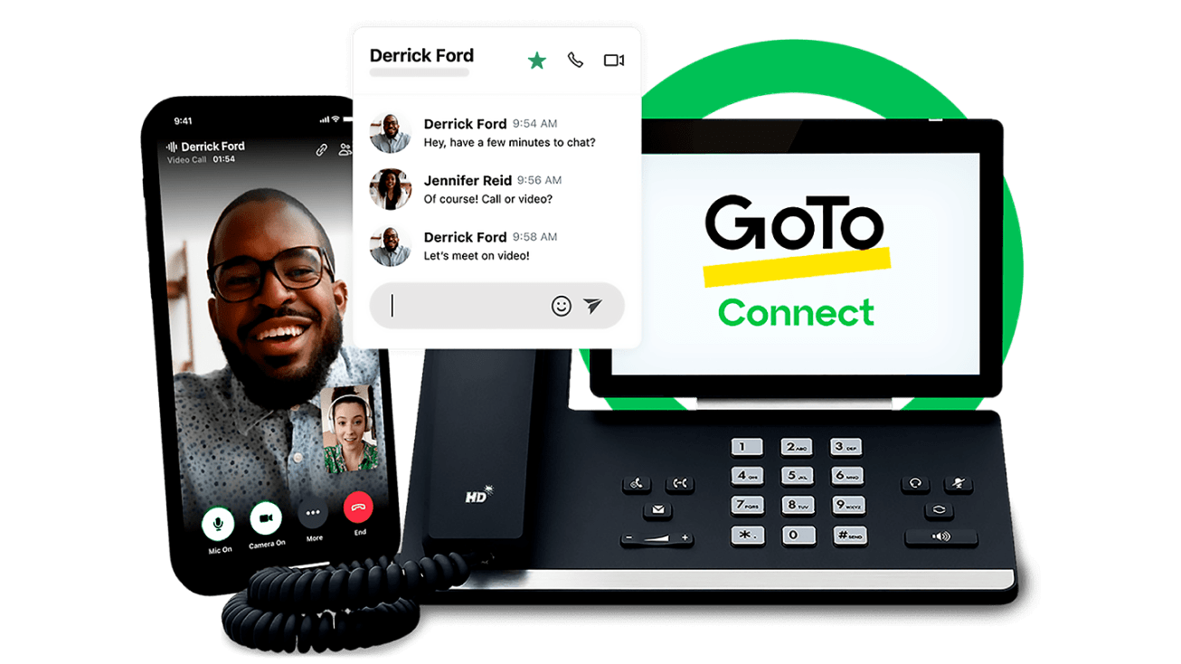 Una demostración de las herramientas de GoTo Connect para mantenerse en contacto, incluida la aplicación de teléfono, el chat y la integración del sistema telefónico.