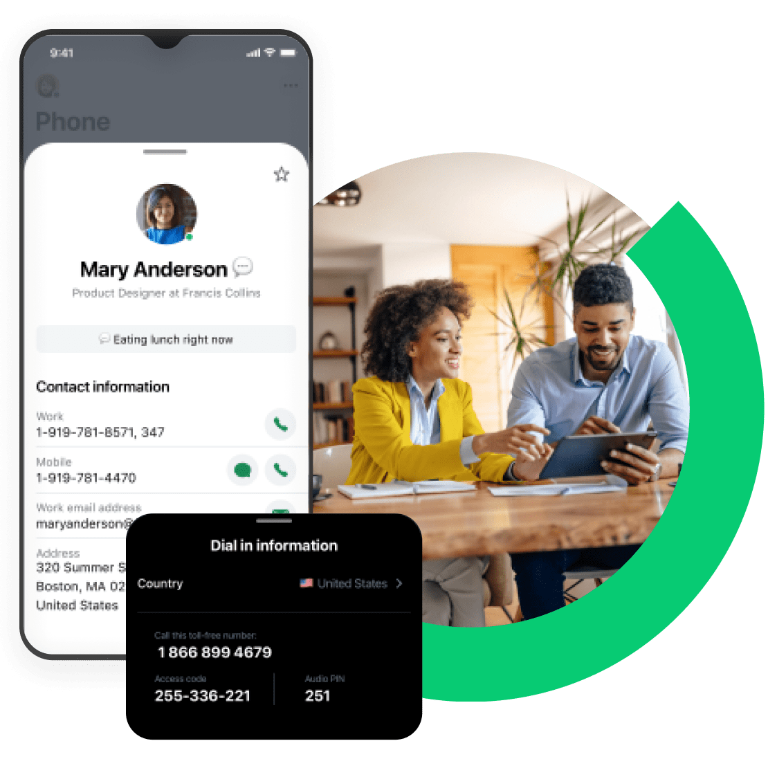 Een telefoonscherm met het persoonlijke en zakelijke telefoonnummer van een contactpersoon, samen met inbelgegevens zoals doorkiesnummers.