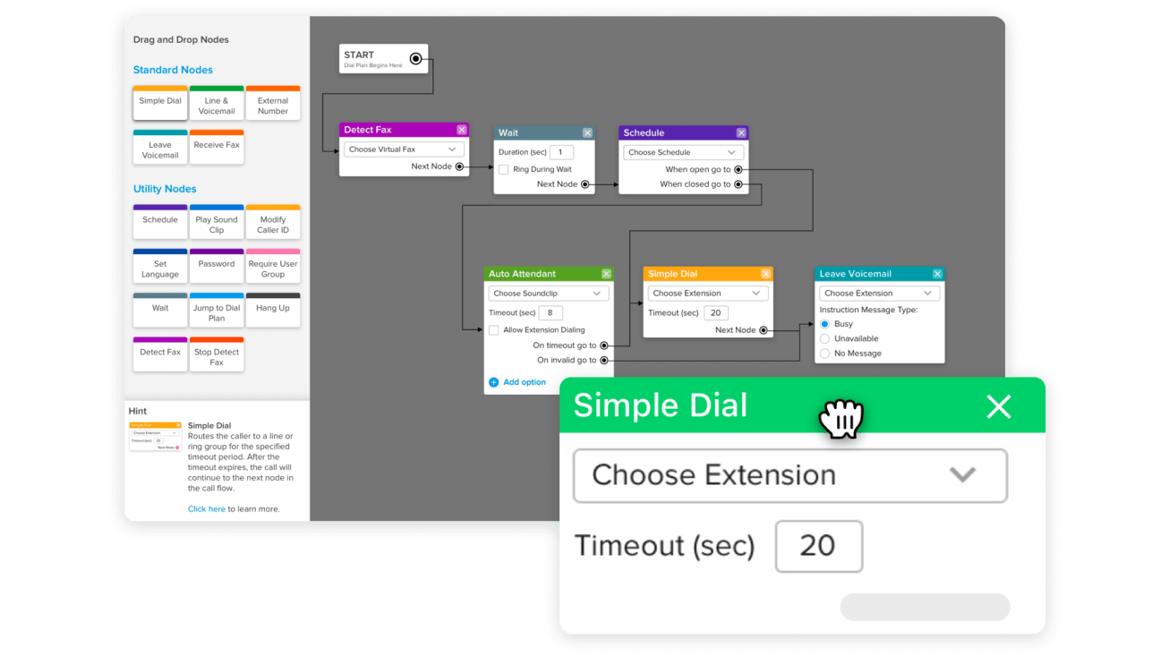 Un collage des options du plan d’appel de GoTo Connect, y compris la planification, la détection des fax, les paramètres de langue et la lecture de clips sonores.