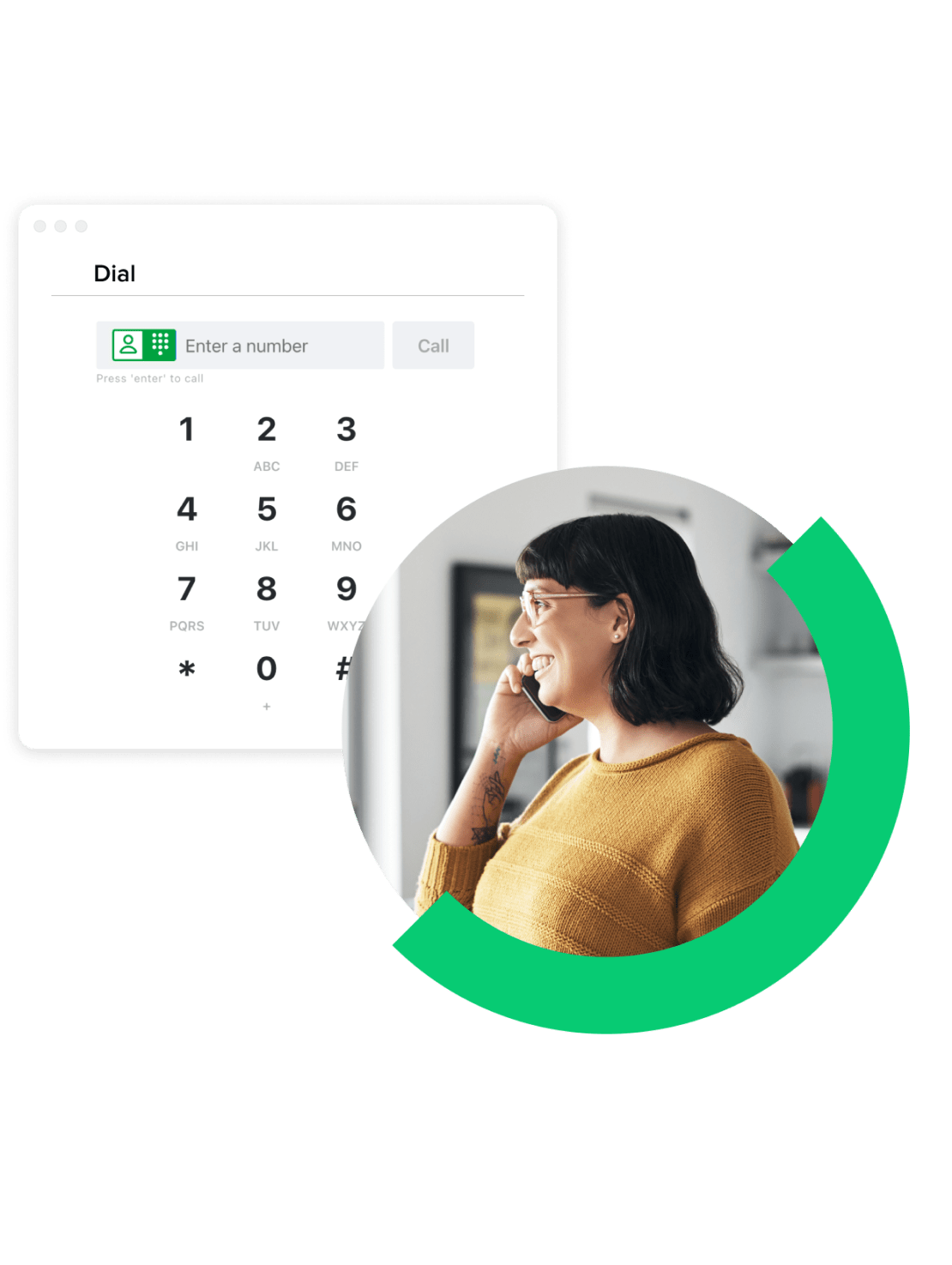 Collage que muestra el teclado de marcación de GoTo Connect, disponible en versión web y móvil