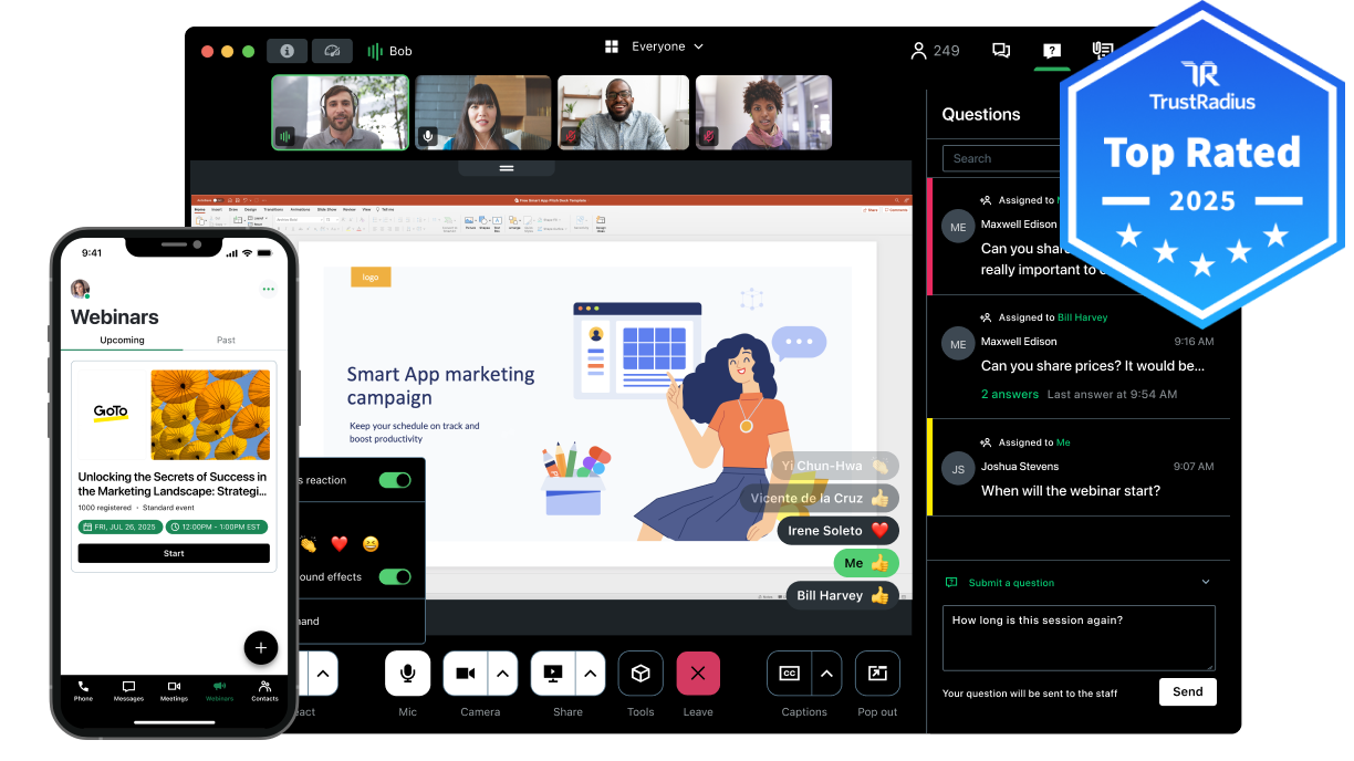 De door TrustRadius als beste beoordeelde GoTo Webinar-interface toont een gebruiker die een webinar host op desktop met een analytics dashboard in mobiele weergave.