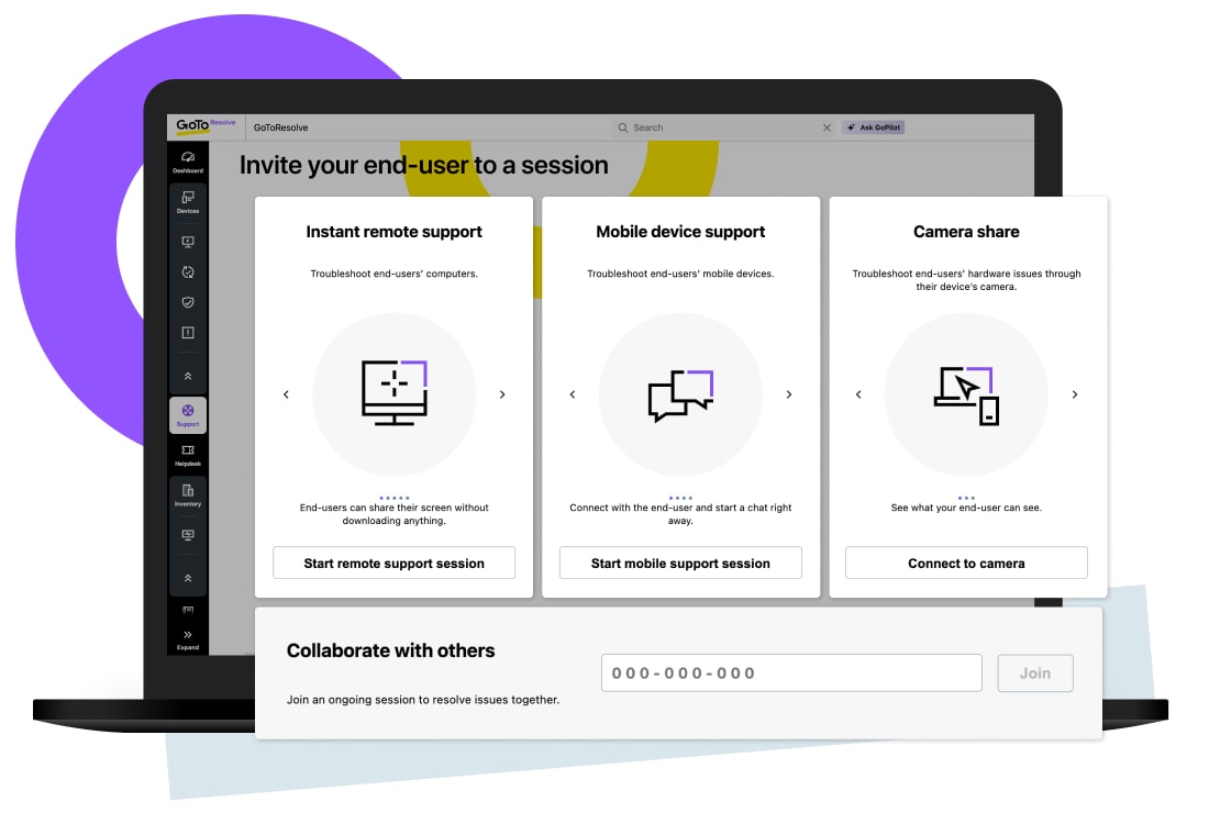 GoTo Resolve support dashboard with options for instant remote support, mobile device support, and camera share.