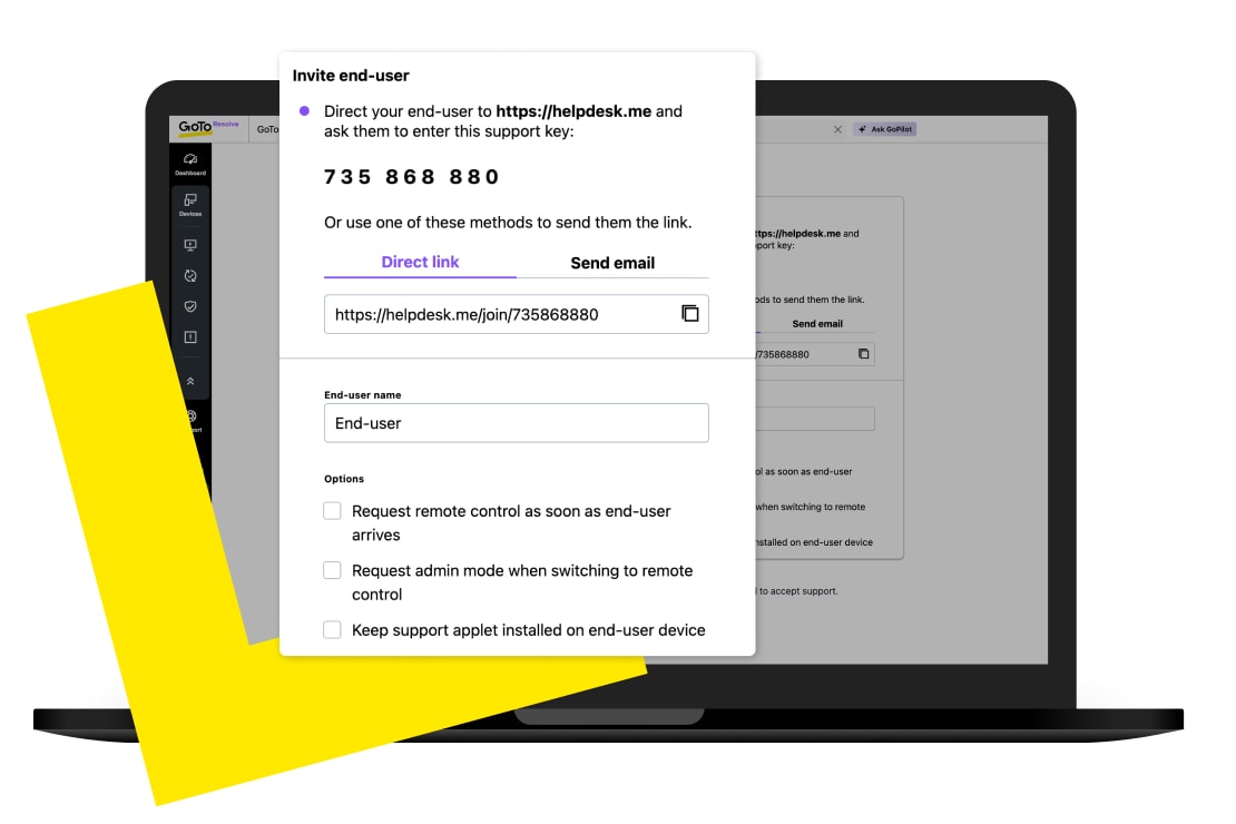 Use direct links or emails to invite your end-user to a support session with GoTo Resolve.