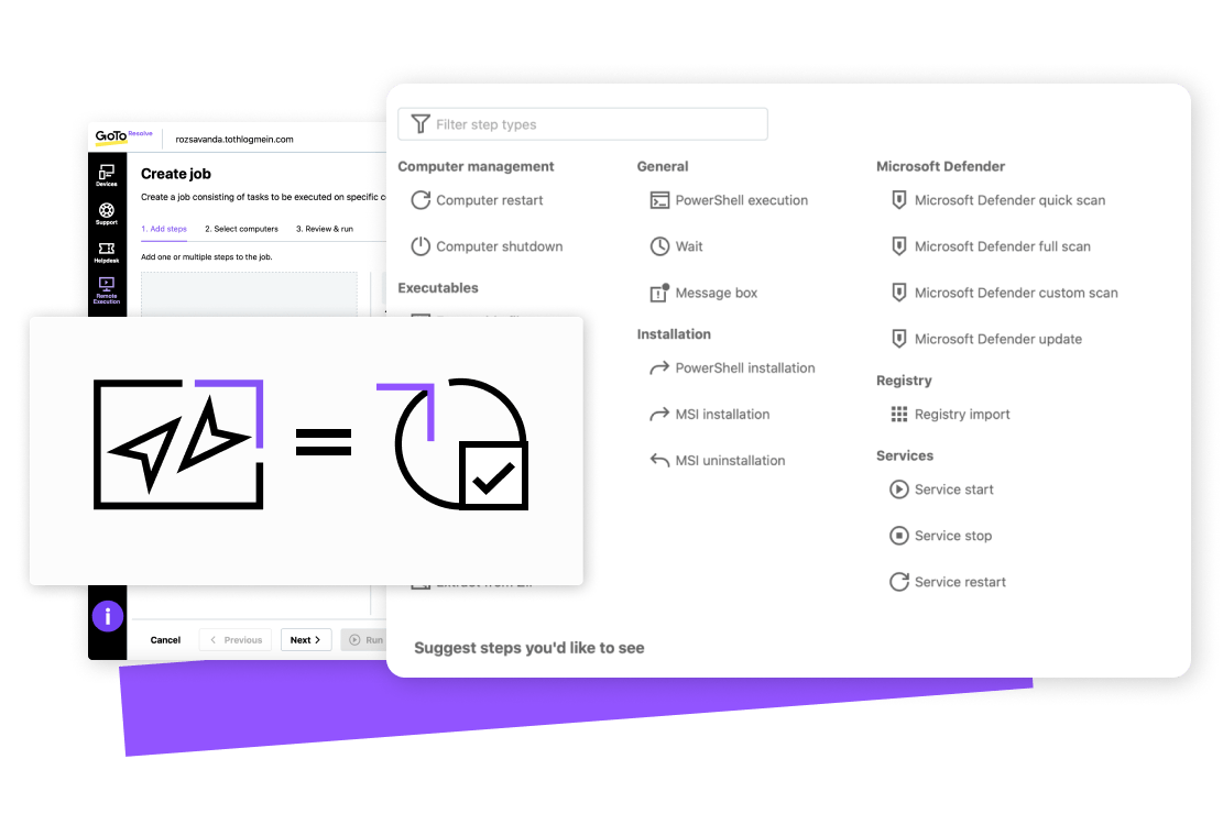 Admin console view of GoTo Resolve's Remote Monitoring and Management (RMM) tool with ability to pull system diagnostics, automating repetitive tasks, and software installation.