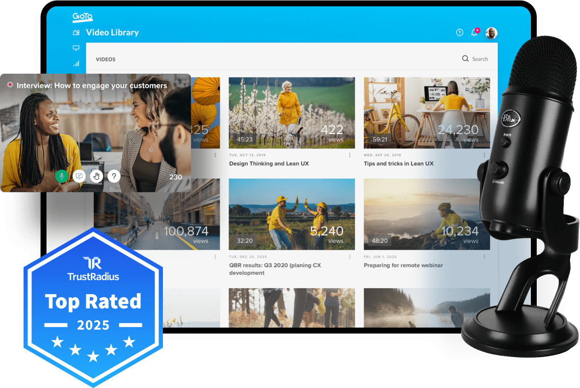 Interface showing GoTo Webinar dashboard and in session with microphone and Trust Rated Top Rated 2022 badge.
