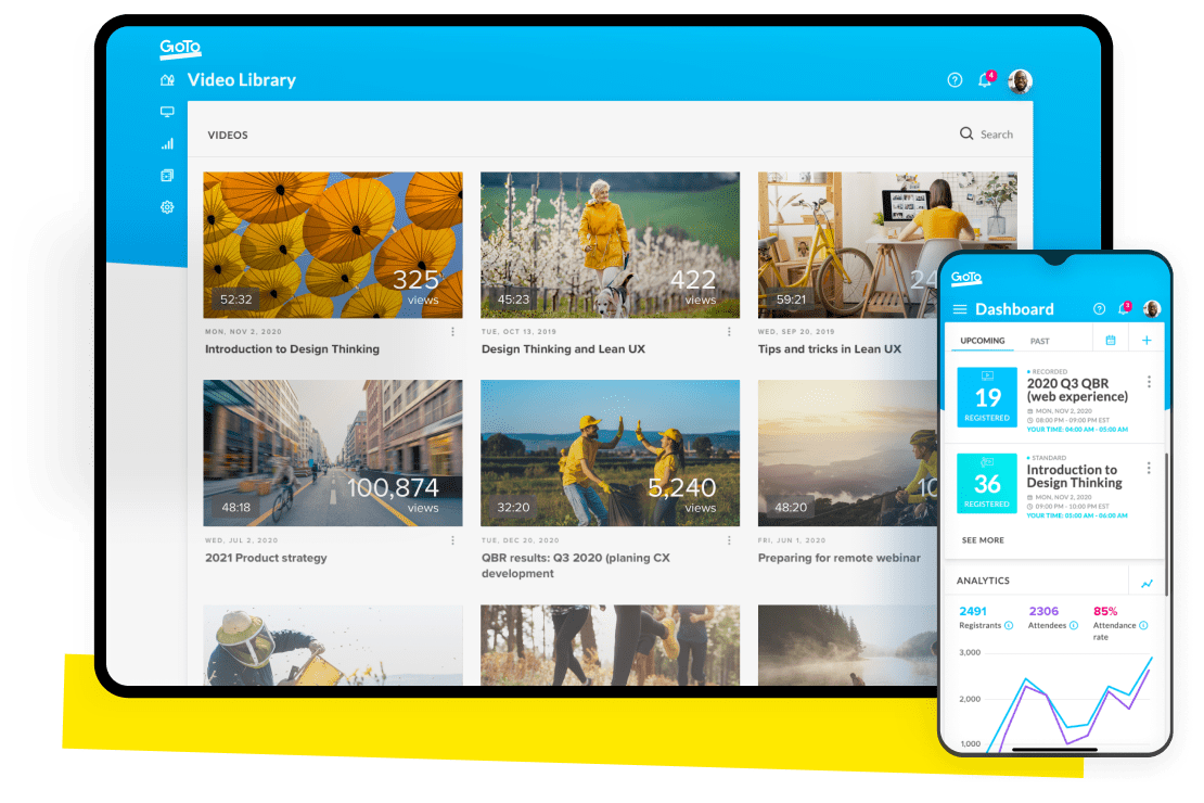 Interface montrant le tableau de bord de GoTo Webinar